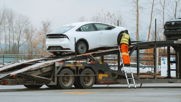Open car carrier transporting vehicles on highway